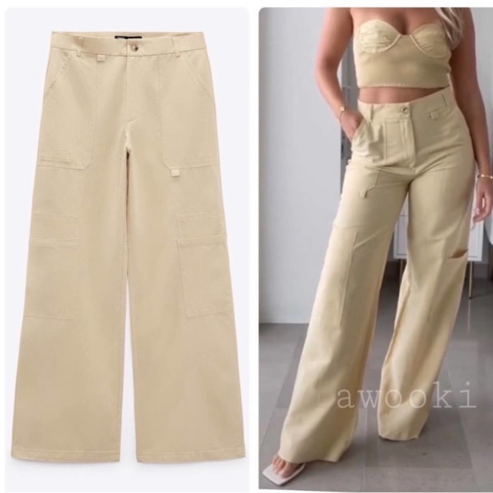 Zara matching 2 piece coord set butter pale light yellow cargo pants, ruched top - Picture 4 of 9